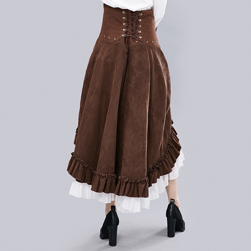 Women Victorian Brown & White Retro Victorian Gothic Vintage Steampunk Leather Adjustable Asymmetrical Ruffle Vintage Hi-lo Skirt Halloween