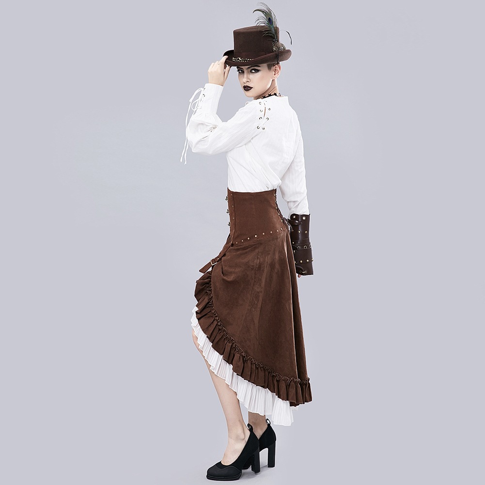 Women Victorian Brown & White Retro Victorian Gothic Vintage Steampunk Leather Adjustable Asymmetrical Ruffle Vintage Hi-lo Skirt Halloween