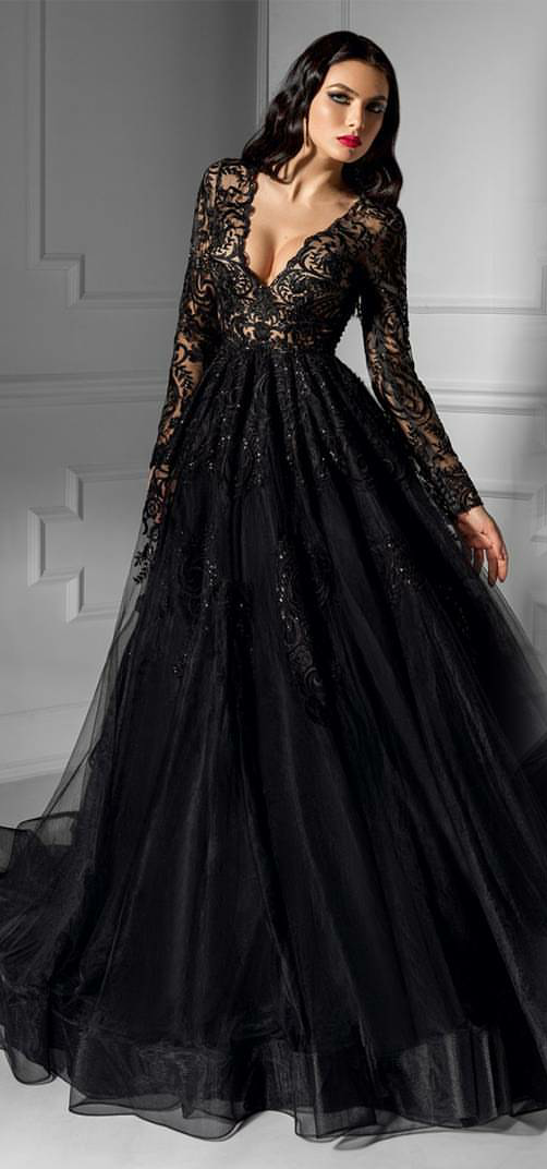 2019 Arabic Black Prom Dresses Illusion Lace Applique Long Sleeve Sequined Formal Party Evening Dresses Bien Savvy Sexy Bridal Gowns