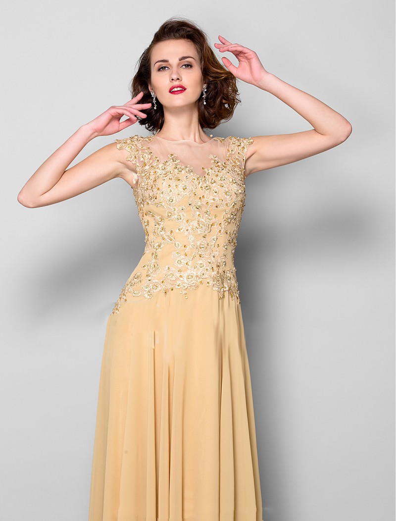 Elegant Gold Mother of the Bride Dresses A Line Lace Beaded Plus Size Chiffon Floor Length Zipper Back Mother's Dress Formal Prom Dresses