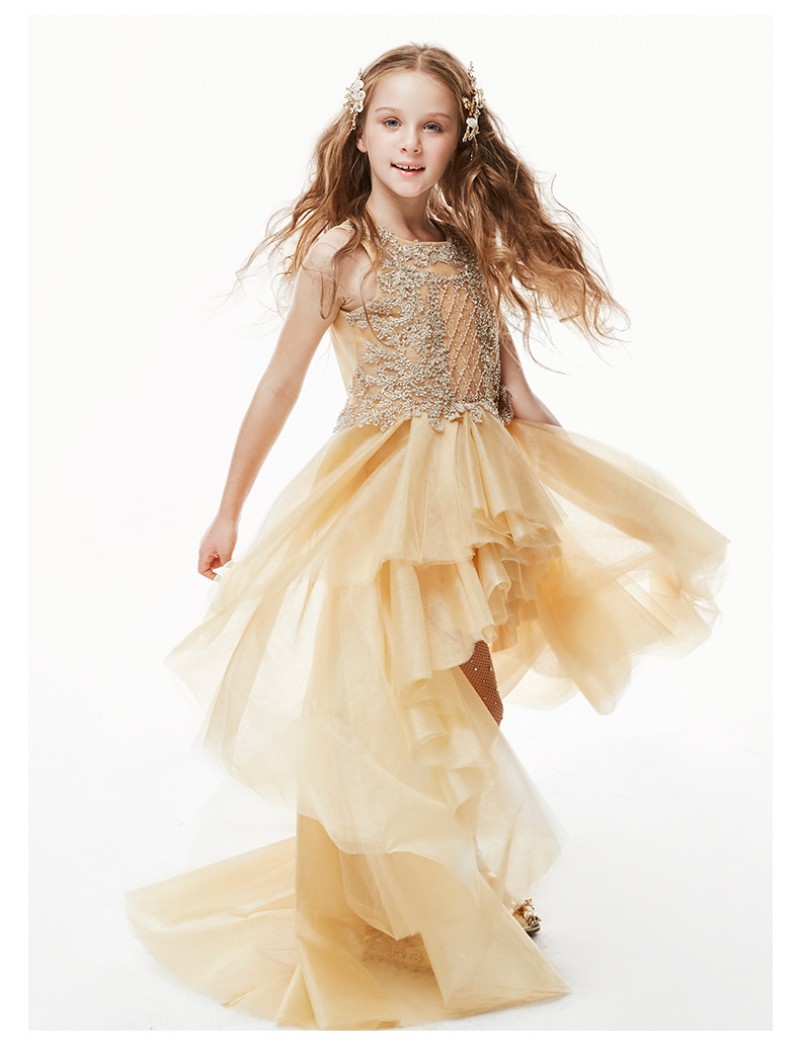 Hilo Flower Girl Dresses Jewel Neck Appliqued Sequins Ruffle Tiers Sleeveless Girl Pageant Gowns Custom Made Birthday Gowns