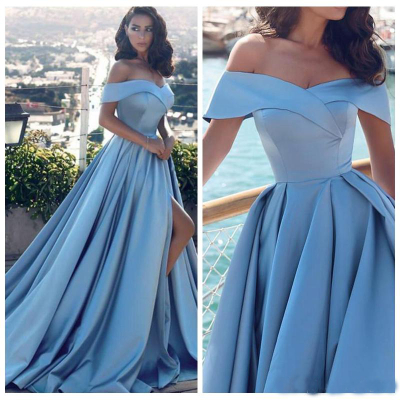 Sexy Sky Blue Formal Evening Dresses Side Split Prom Dresses Off the Shoulder Special Occasion Party Dresses