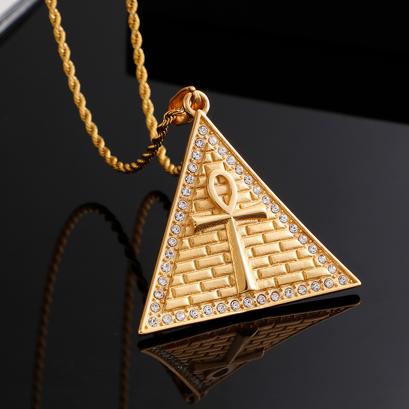 New Men Egyptian Pyramids Cross Pendants Necklace 316L Stainless Steel 18K Gold Plated Rhinestone Setting Jewelry