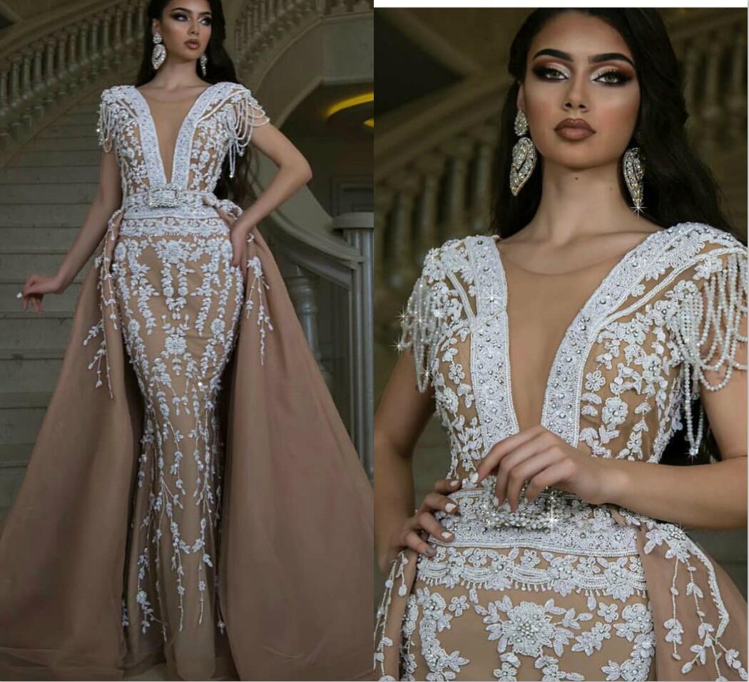 Dubai Africa Mermaid Wedding Dresses with Detachable Train V Neck Beading Tassel Lace Appliques Bridal Gowns Short Sleeve Pearls Wedding
