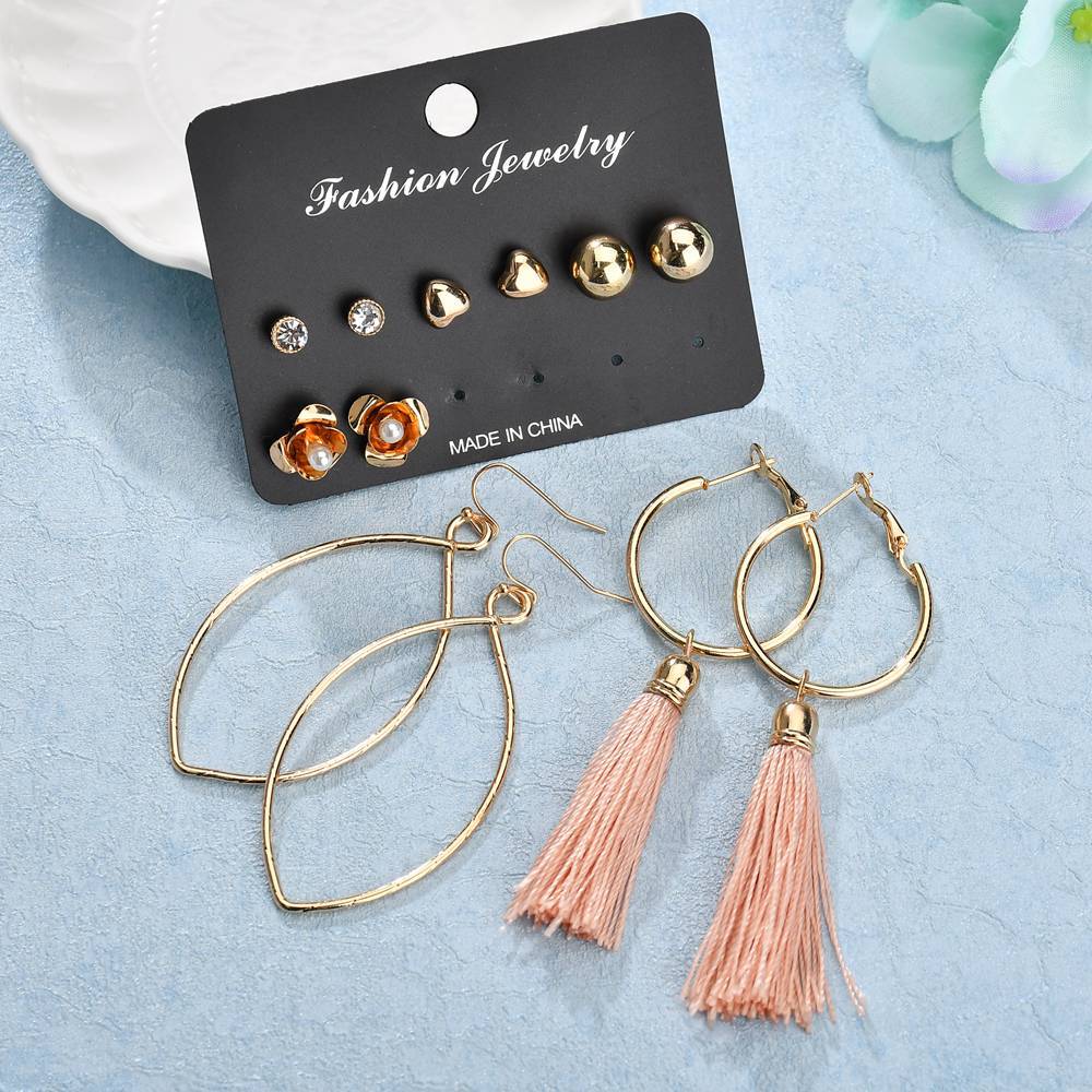 Simple Bohemian Alloy Tassel Earrings Set 6 Piece Set Elegant temperament Jewelry Valentine's Day Gift