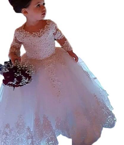 Adorable Baby Lace Flower Girl Dresses 2020 Long Sleeves Crew Neck Tulle Appliques Beaded Long Kids Pageant Formal Dresses Party Gowns