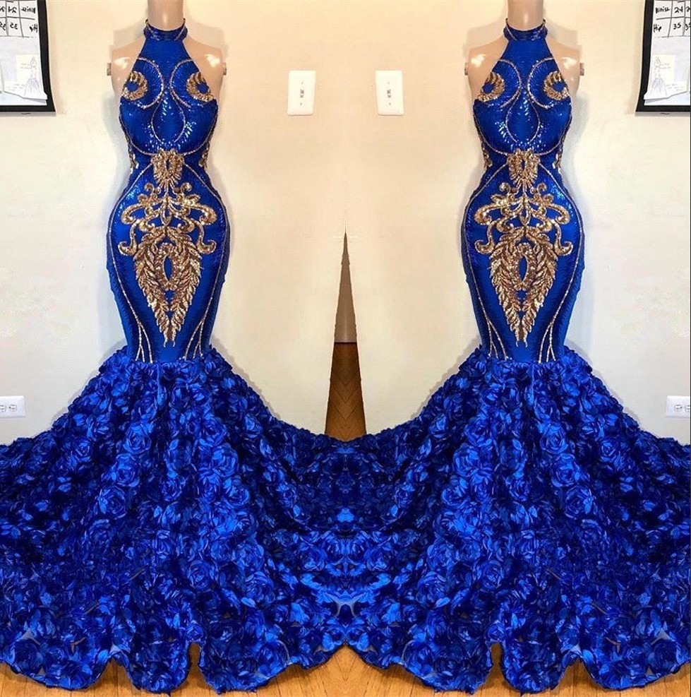 Royal Blue Mermaid Prom Dresses 2019 Halter Lace Appliqued Gorgeous 3D Floral Skirt Prom Party Evening Gowns For Black Girls BC1213