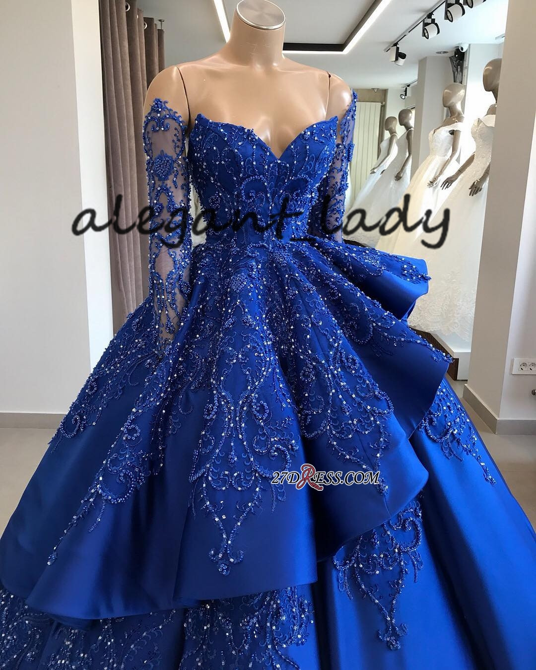 Gorgeous Royal Blue Lace Ruffled Evening 16 Party Debutantes Gowns 2019 Sparkly Beaded Long Sleeve Ball Gown Quinceanera Dresses