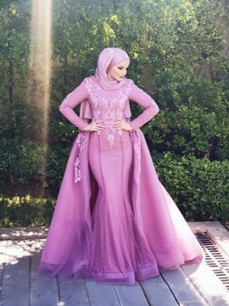 Dubai Purple Mermaid Muslim Wedding Dresses High Neck Lace Applique With Detachable Train Bridal Gowns Plus Size Saudi Arabic Wedding Gown