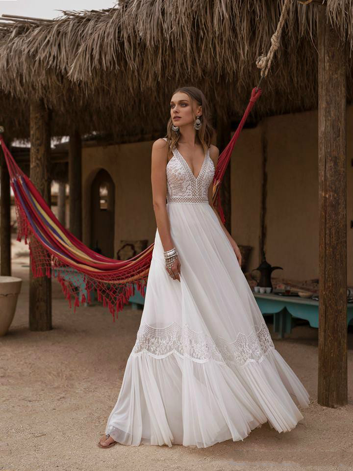 2019 Asaf Dadush Boho Wedding Dresses V Neck Appliqued Beaded A Line Beach Wedding Dress Custom Made Backless Plus Size Bridal Gowns