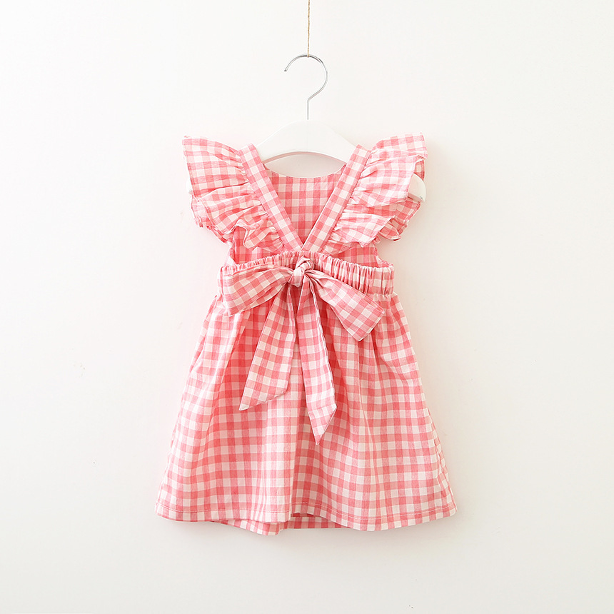 Baby Girls Dress Kids Plaid Backless Ruffle Sleeve Back Bow Cross Cotton Dresses 2019 New Summer Fahsion Children Boutique Clothing 2 Colors
