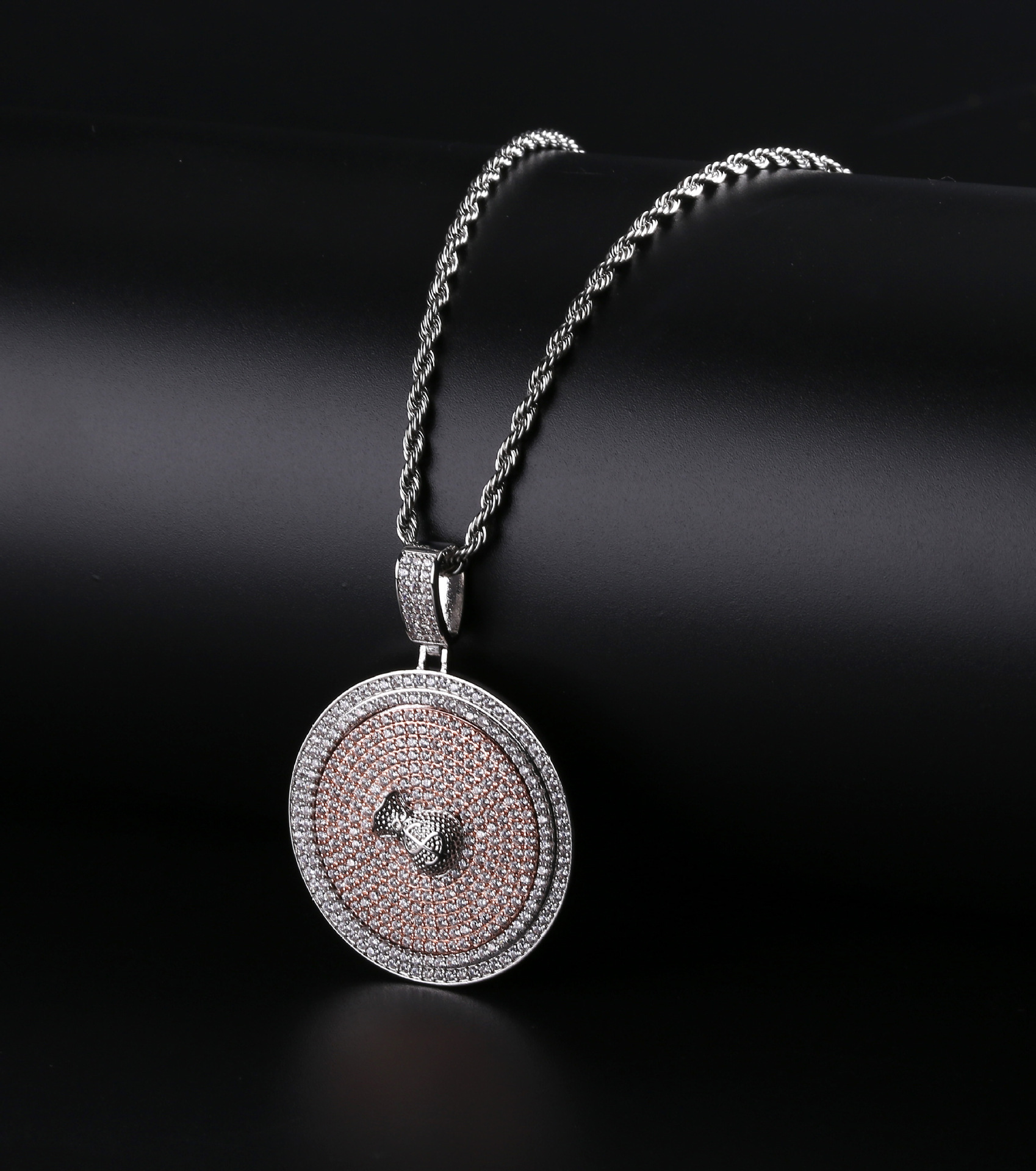 Personalized 18K Gold Plated Iced Out CZ Zirconia US Dollar Sign Money Bag Round Rotating Pendant Chain Necklace Hip Hop Rapper Jewelry Gift