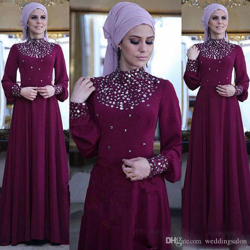 Purple A Line Muslim Evening Dresses 2019 High Neck Long Sleeve Crystal Chiffon Formal Prom Dress Floor Length Party Gowns