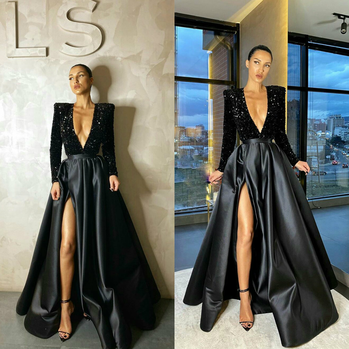 sexy glitter party dresses highsplit vneck long sleeve applique sequins evening dress cheap custom made formal women gown hot sell