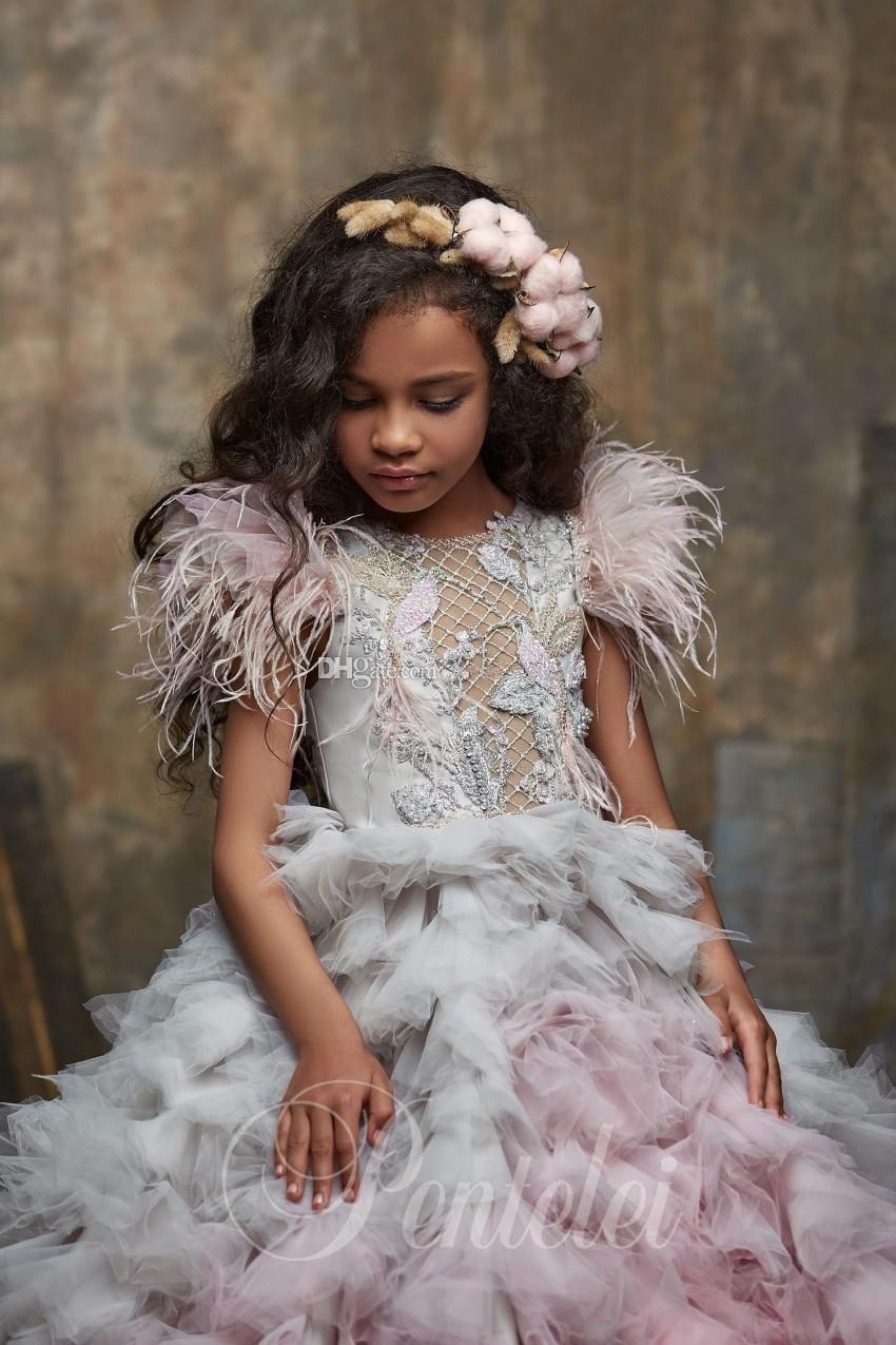 cute flower girl dresses jewel neck appliqued beaded feather girl pageant gown cascading ruffle sweep train custom made birthday gowns