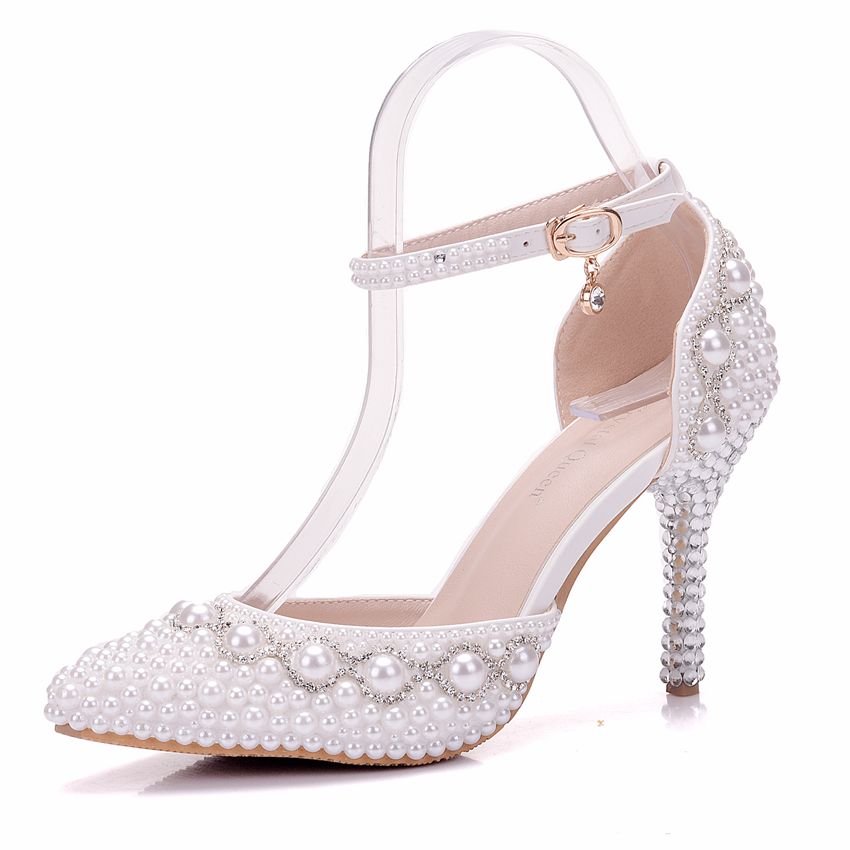 Fashion Pearls Designer Women Wedding Shoes Heels Crystal Bridal Shoes Size 4-10 Party 4 IN High Heels Shoes For Women White Ivory Real Photos