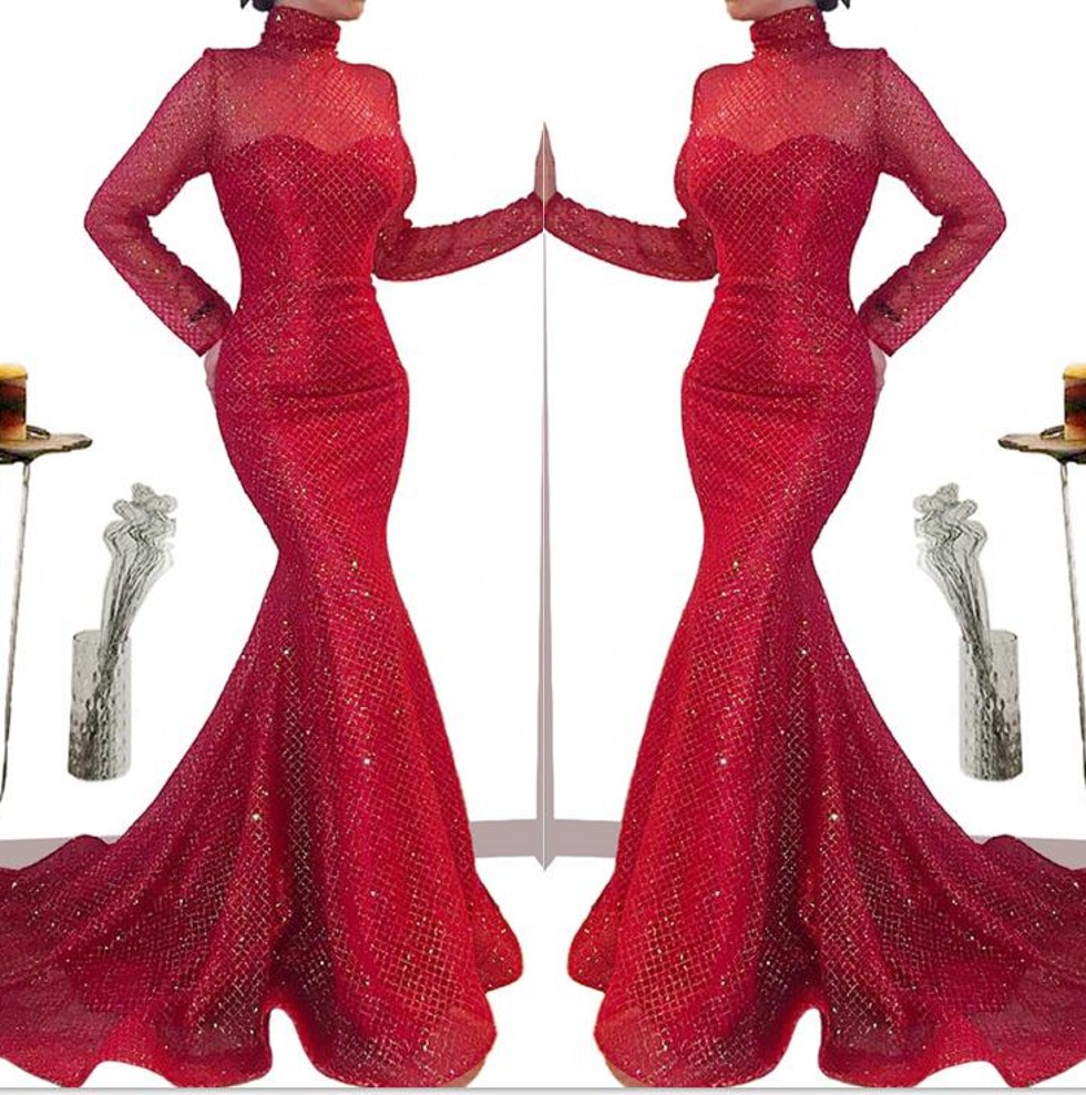 Red Lace Mermaid Evening Dresses Saudi Arabic Africa High Neck Sheer Long Sleeves Evening Gowns 2020 Long Sequined Prom Dress