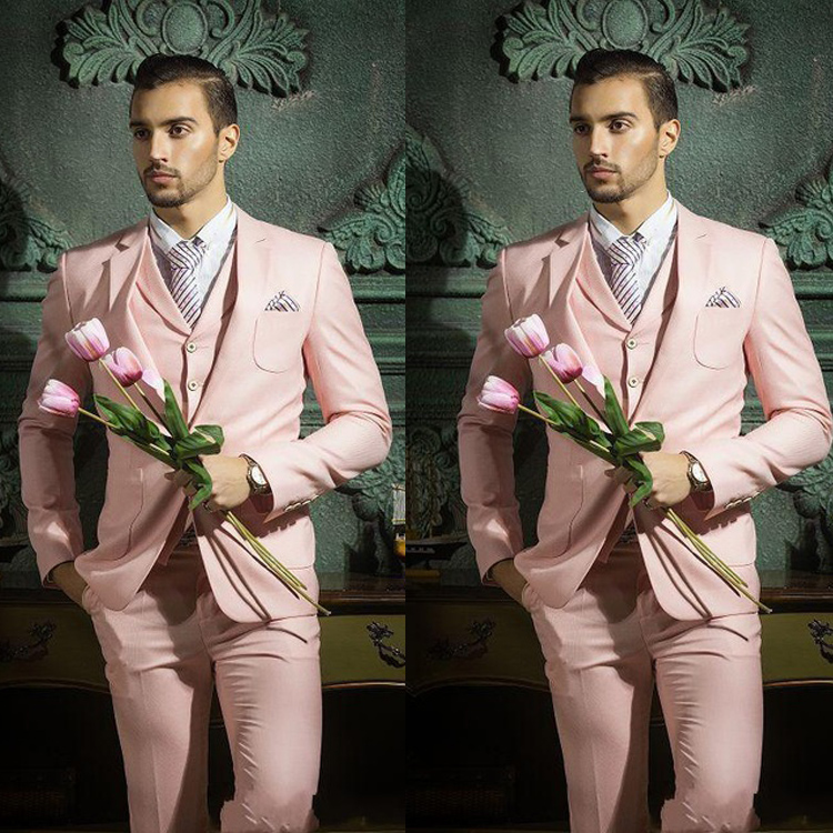 Pink Wedding Tuxedos Groom Slim Fit Peaked Lapel Pant Suits Mens Prom Wear Jacket Best Man Male 3 Pieces