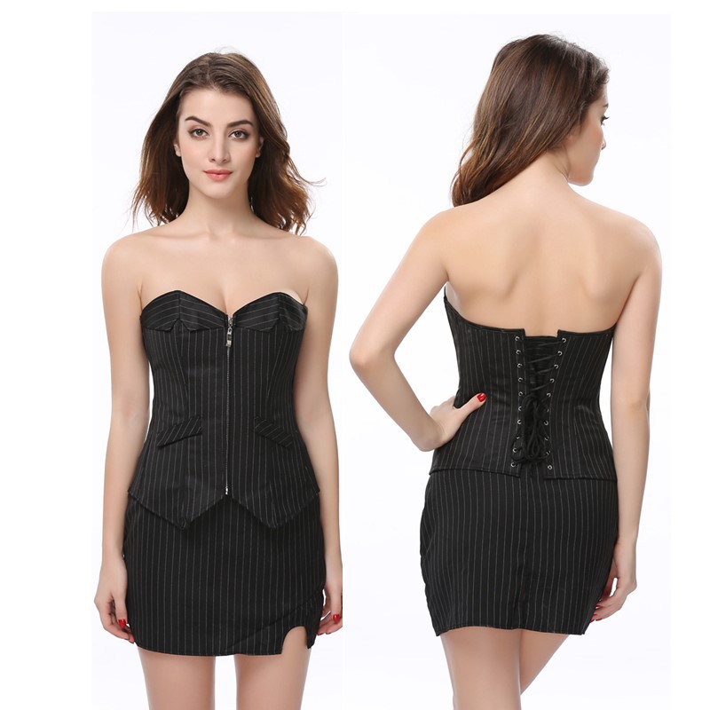 Black Striped Suit Style Corset Dress Women Nightout Club Wear Overbust Zipper Bustier Plus Size S-6XL Corset Costume