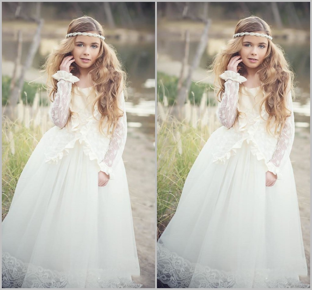 2019 Lovely Boho Flower Girl Dresses For Weddings Jewel Long Sleeve Lace Girl first holy communion dresses