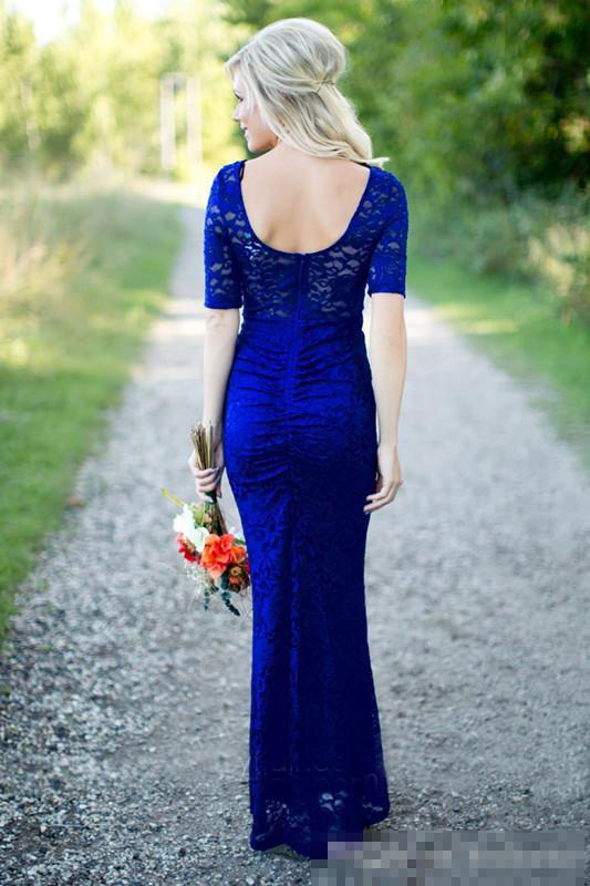 Royal Blue 2019 Lace Mermaid Bridesmaid Dresses With Short Sleeves Scoop Neck Floor Length Backless Maid Of Honor Gown For Country Wedding