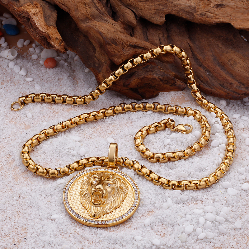 316L Stainless Steel Lion Head Round Pendants Necklace Men's Hip Hop Jewelry Cubic Zirconia 18K Gold Plated with 6mm Chain
