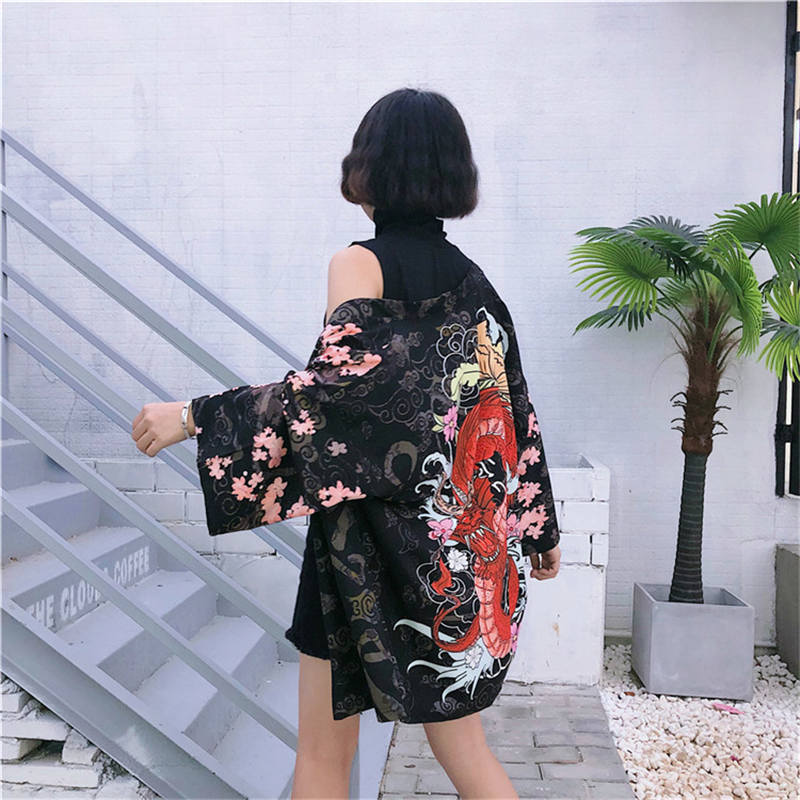 Wholesale-Neploe Japanese Women Cardigan Half Sleeve V-neck Kimono Blouses Chinese Dragon Print Coat Loose Sun-protective Shirts 35349