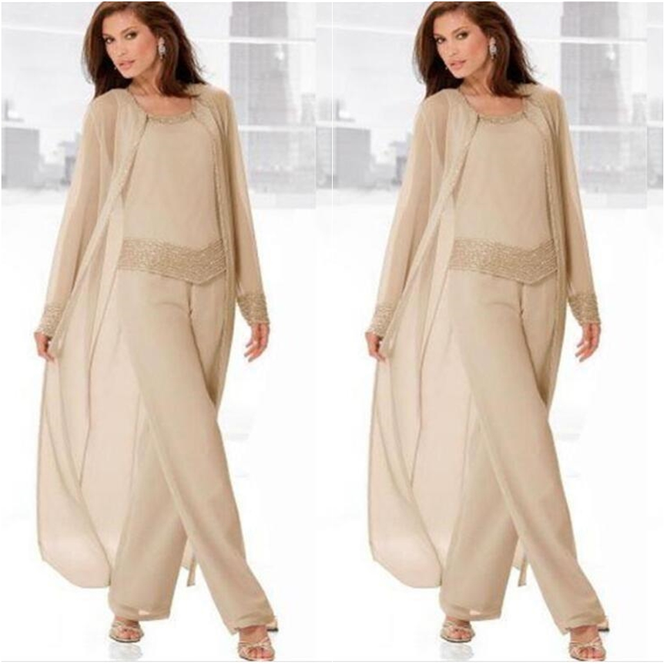 Champagne Three-Pieces Mother Suits with Long Jackets Long Sleeves Beaded Chiffon Mother's Pants Mother's Formal Wear
