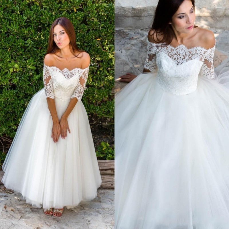 Wedding Dresses Sexy Bateau Country Half Sleeves Appliques Illusion Ankle Length Bridal Gowns Vestidos De Noiva, Gold 
Wedding Dresses Sexy Bateau Country Half Sleeves Appliques Illusion Ankle Length Bridal Gowns Vestidos De Noiva, Gold