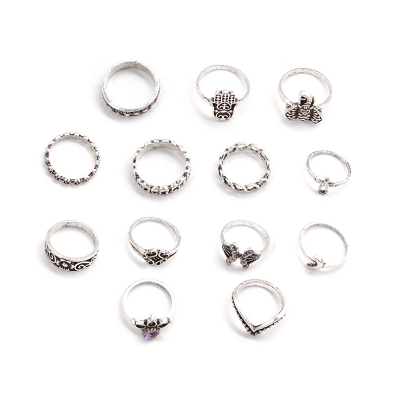 bohemian retro crown gem big palm elephant 13 piece set ring womens crystal joint ring set punk gift