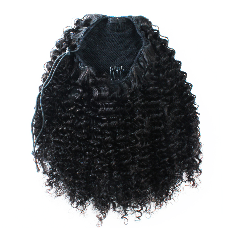 Eye catching low curly ponytail hairdo natural drawstring human hair with clips baby hair style 140g