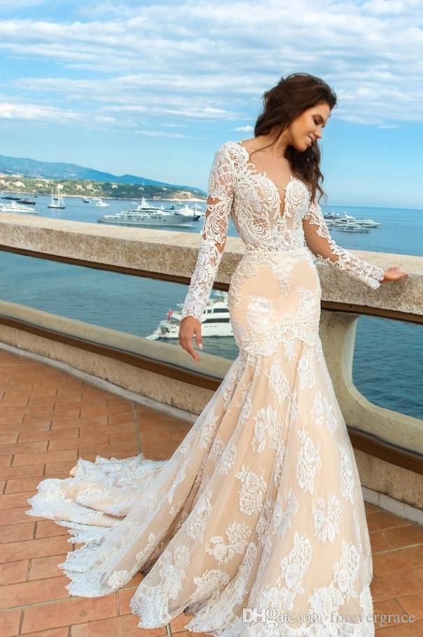 2019 Mermaid Long Sleeve Full Lace Wedding Dress Western Applique Summer Beach Backless Bridal Gown Plus Size Custom Made