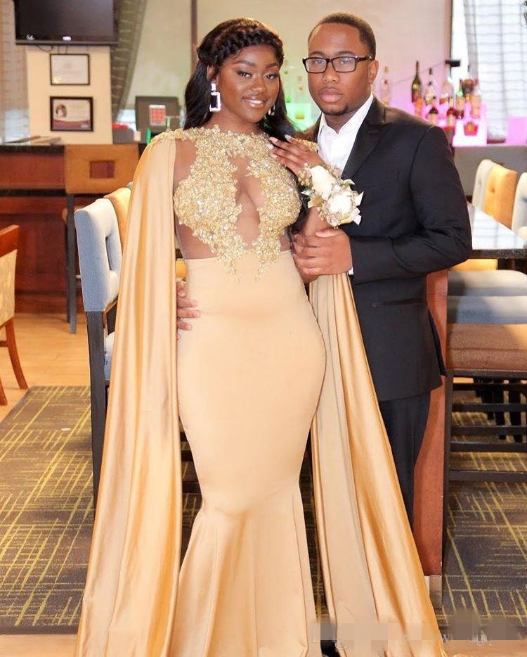 Modest Mermaid Prom Dresses with Cape Lace Applique Jewel Illusion Bodice Beaded Sweep Train Custom Made African Girl Evening Formal Gowns