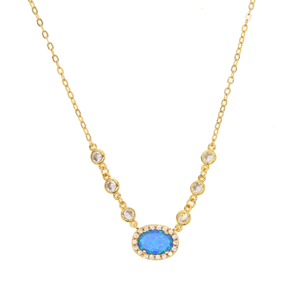 Wholesale-high quality brass fashion jewelry blue fire opal gemstone cz link chain gold silver plated collar gemstone necklace