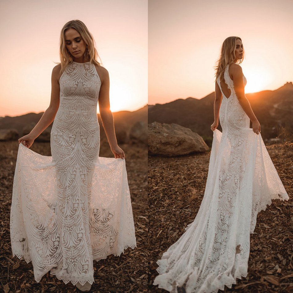 2020 Loverssociety Bohemian Halter Hollow Sleeveless Mermaid Wedding Dresses Lace Applique Wedding Gown Sweep Train robe de mariée