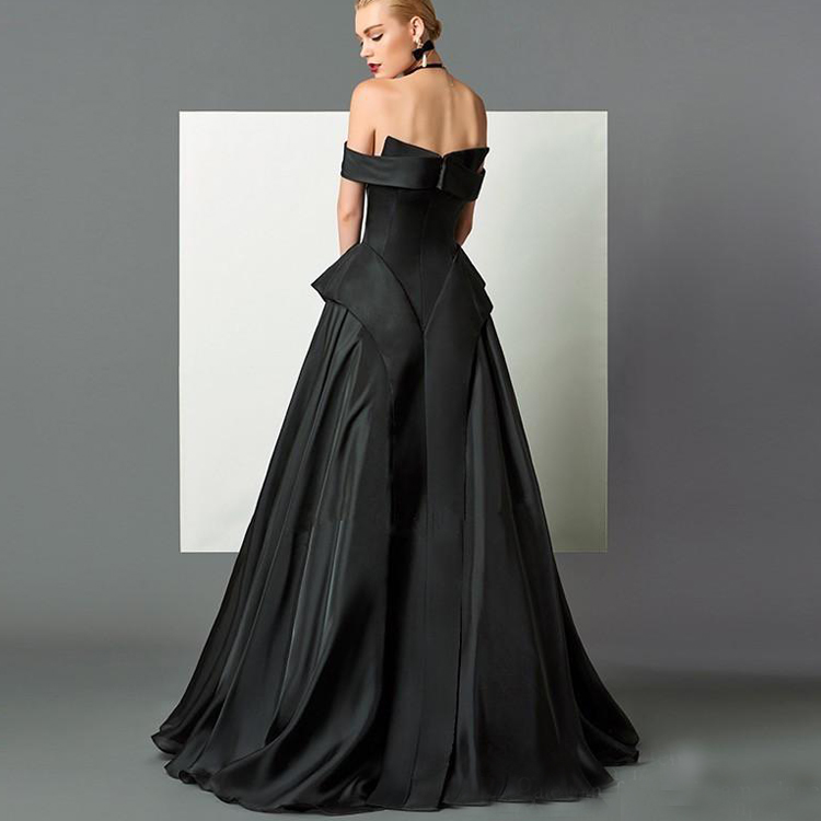 2019 Elegant Black A Line Evening Dresses Satin Off Shoulder Backless Prom Gowns Floor Length Sexy Dresses For Party