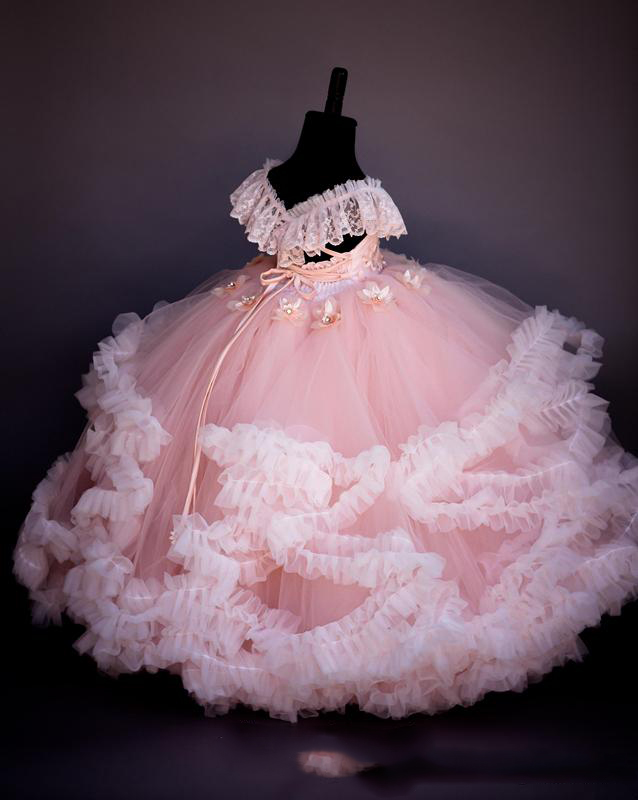 Pink Lace Beaded Flower Girl Dresses Ball Gown Hand Made Flowers Cheap Little Girl Wedding Dresses Vintage Girl Dresses Gowns