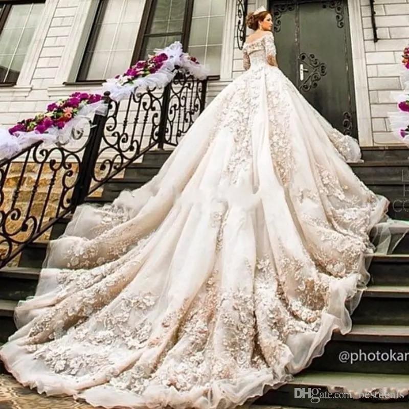 Michael Cinco 3D Floral Garden Ball Gown Wedding Dresses Stunning Detail Royal Train Church Dubai Arabic Bridal Wedding Gown