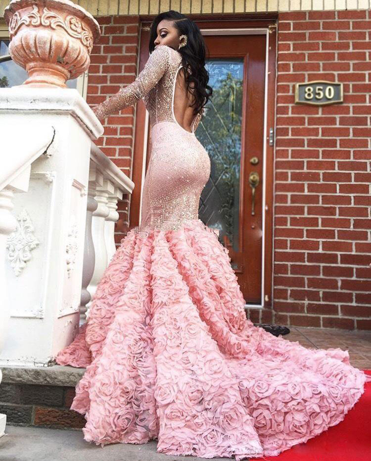 Pink Black Girl Mermaid Prom Dresses Long Sleeves Beaded Bateau Neck Sequined Plus Size Backless Evening Gowns Sweep Train Formal Dress