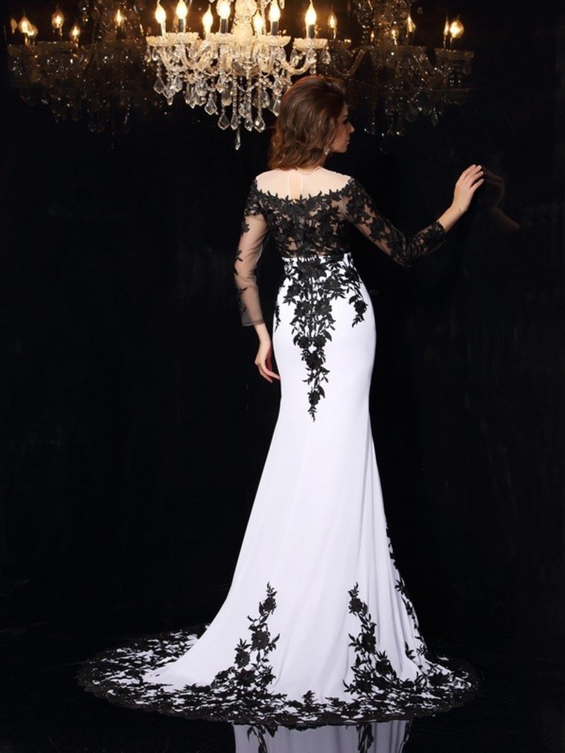 Black And White Mermaid Evening Dresses Long Sleeve Lace Appliques Plus Size Prom Gowns Special Occasion Dress robes de soirée