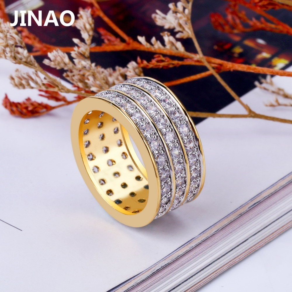 JINAO Hip Hop Rock Gold Color Plated Round Rings Cool Full Iced Out Micro Pave CZ Stone Ring For Male Jewelry Gift D19011502
