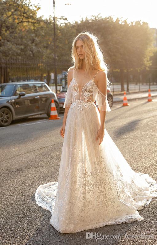Newest Gali Karten A Line Wedding Dresses Spaghetti Lace Appliques Illusion Sexy Backless Boho Wedding Dress Bohemian Bridal Gowns