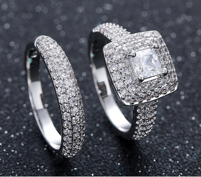 2pcs Sets Wedding Engagement Ring For Women Bridal Classic Square Cut Cubic Zirconia Crystal Silver Color Fashion Jewelry Chirstma