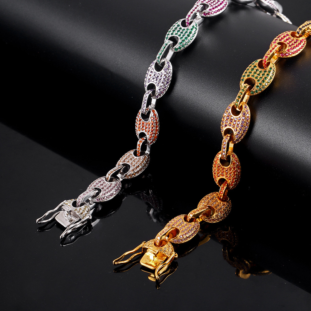 Men's Hip Hop Handcuffs Shape Tennis Chain Necklaces Shining Colorful Full Zircon Coffee Beans Chains Jewelry