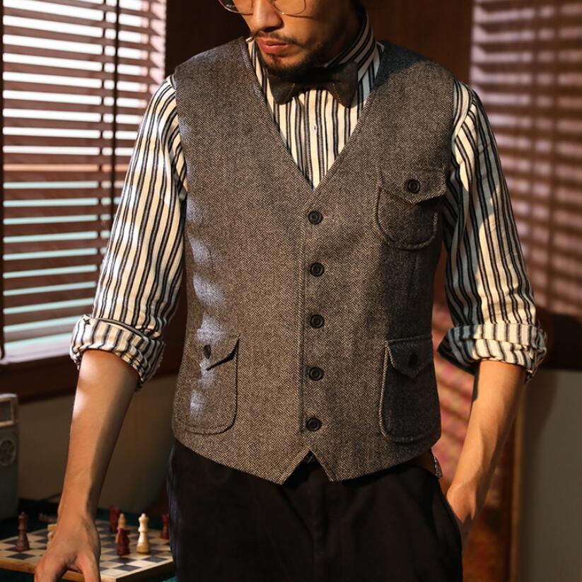 2020 Bristish Casual Groom Vests 3 Pockets Dark Brown Wool Herringbone Tweed Groomsmen Attire Mens Suit Prom Wedding Waistcoat Dress 16