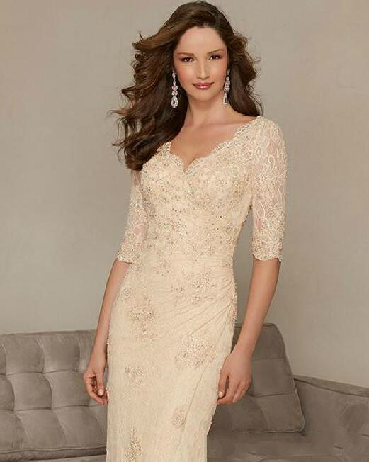 Elegant Champagne Mother of the Bride Dresses 2019 Mermaid V Neck Lace Formal Evening Dresses With Beaded Half Sleeve Long Party Gowns