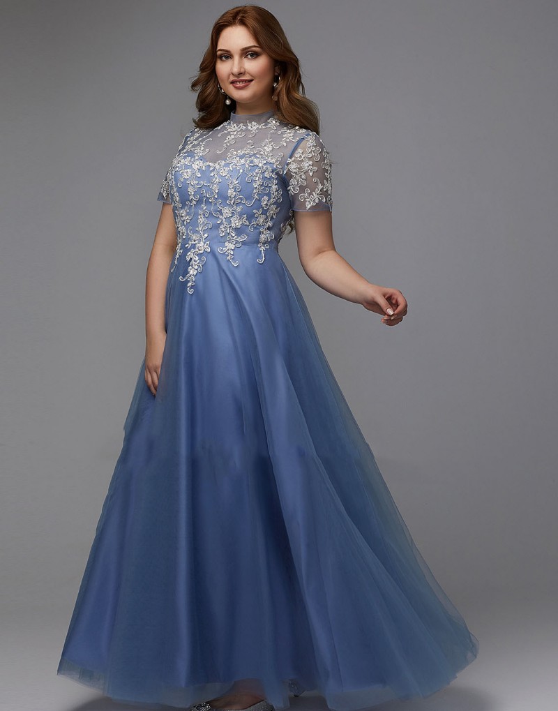 Tulle High Neck Evening Dresses Lace Applique Blue Plus Size Prom Dresses Ankle Length Open Back Mother Of Bride Gowns