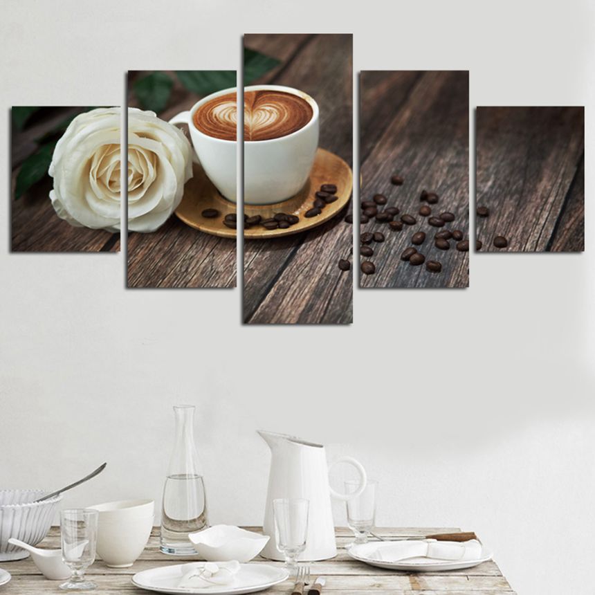 Canvas Pictures Living Room Wall Art 5 Pieces Coffee Cup And Rose Paintings HD Printed Modular Poster Kitchen Home Decor(No Frame)