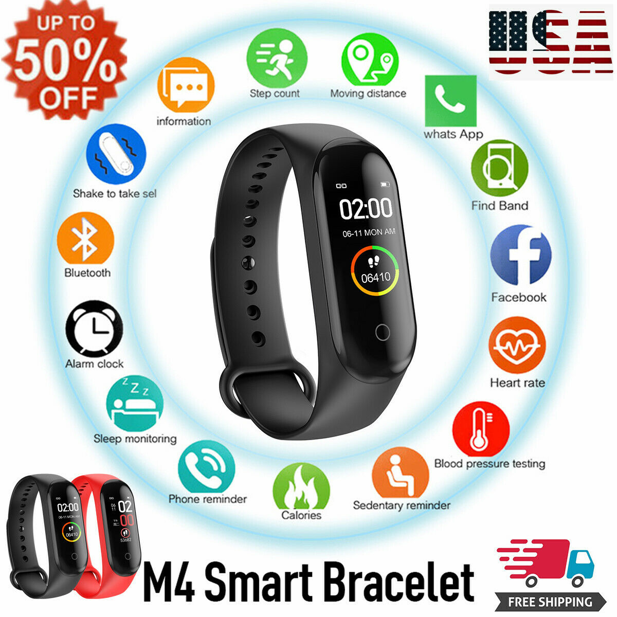 2019 new M4 smart bracelet heart rate blood pressure monitoring information waterproof step counter color screen sports bracelet smart watch
2019 new M4 smart bracelet heart rate blood pressure monitoring information waterproof step counter color screen sports bracelet smart watch