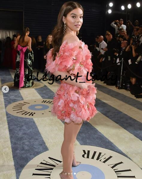 Hailee Steinfeld in Elie Saab Vanity Fair Oscars Party Dress Wear Peach Blush Pink 3D Floral Feather Short Mini Cocktail Prom Dresses